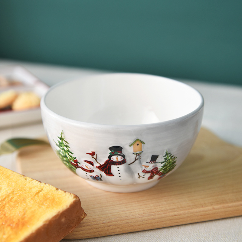 País nórdico Navidad muñeco de nieve tazón de cerámica tazón de arroz de gran capacidad tazón de fideos tazón de sopa tazón de ensalada occidental vajilla en relieve