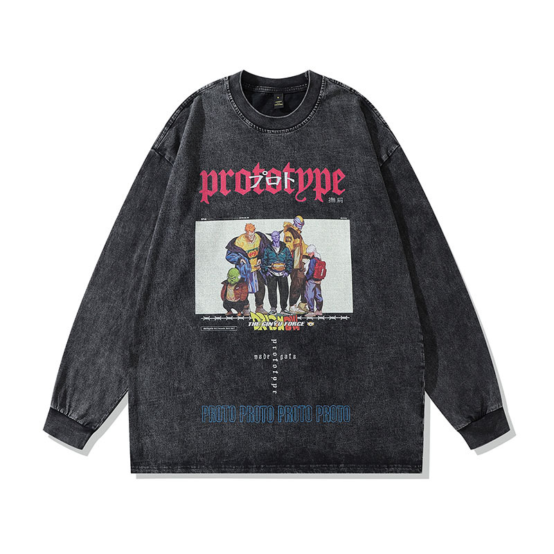 TKPA Harajuku Retro Streetwear Vintage Long-Sleeve T-Shirt for Men Trendy Instagram Hip-Hop Printed Heavyweight Crew Neck Sweatshirt