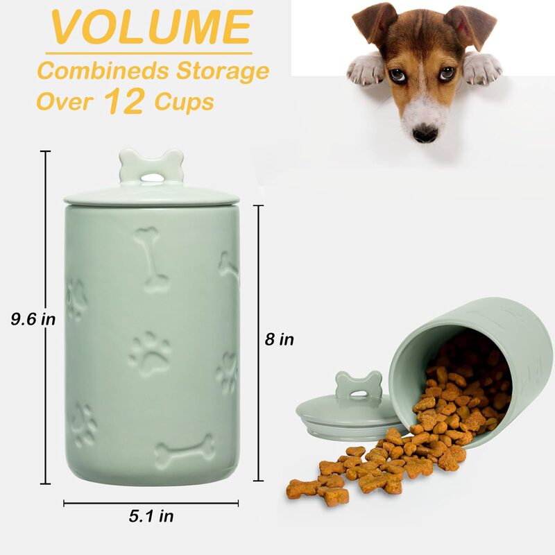 22.86×12.70cm Large Green Ceramic Dog Food Canister, Sealed Dog Treat Container, Kitchen Storage Jar