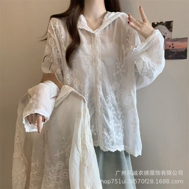 Summer Retro Korean Lace Embroidery Crochet Hooded Shirt Women's Versatile Loose Slimming Cardigan Top