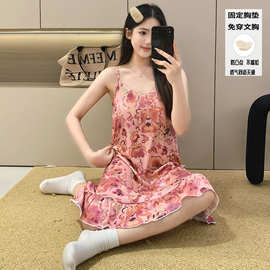 夏季新款女吊带睡裙四面弹仿棉透气甜美风带固定胸垫款