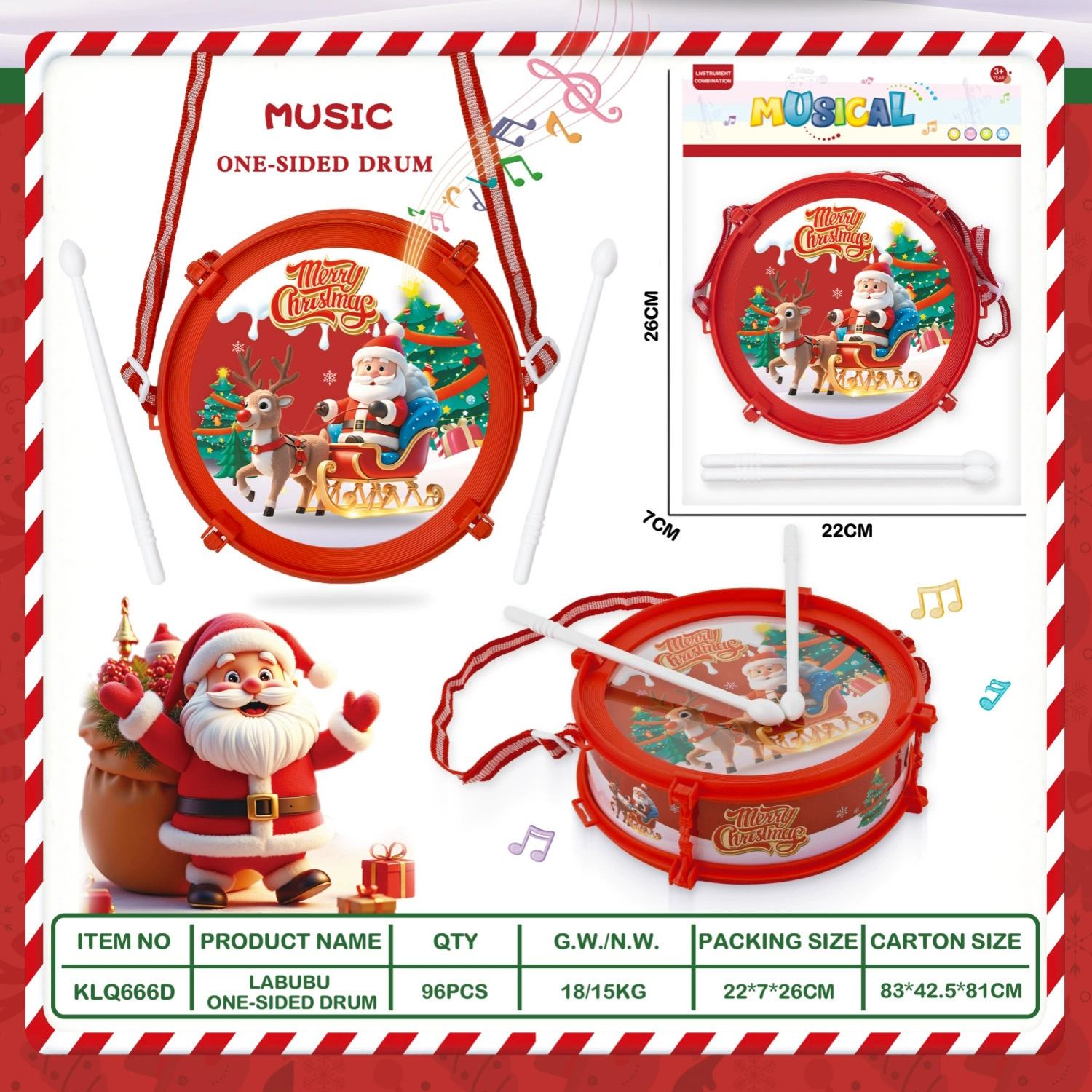 Новый трансграничный детский односторонний барабан Санта-Клауса, детский образовательный ударный музыкальный инструмент для раннего образования, игрушка на Рождество