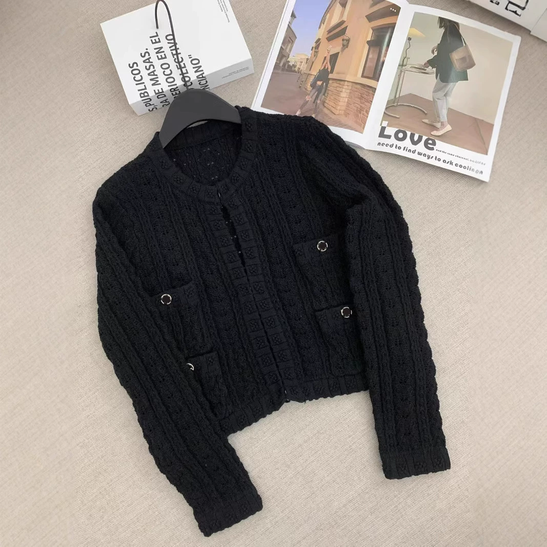 Длинный рукав с круглым воротом, осенний кардиган, стиль Chanel, с цветочным принтом