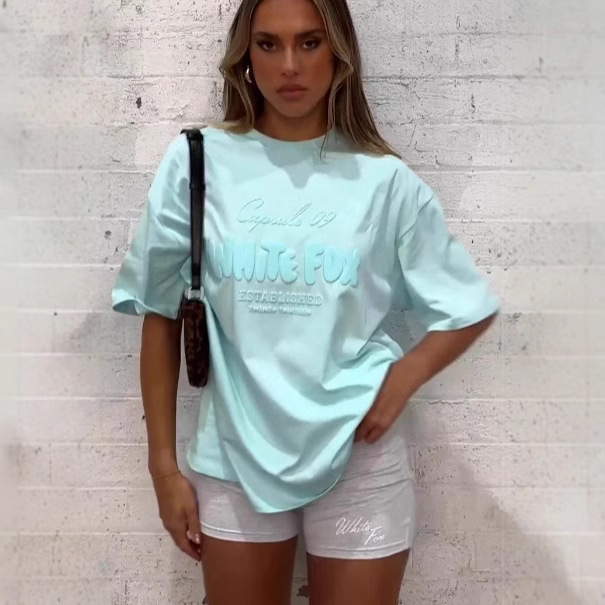 2025 New Cross-Border White Fox European and American Short-Sleeved Letters Loose Printed T-Shirt Casual Sports Tops for Women