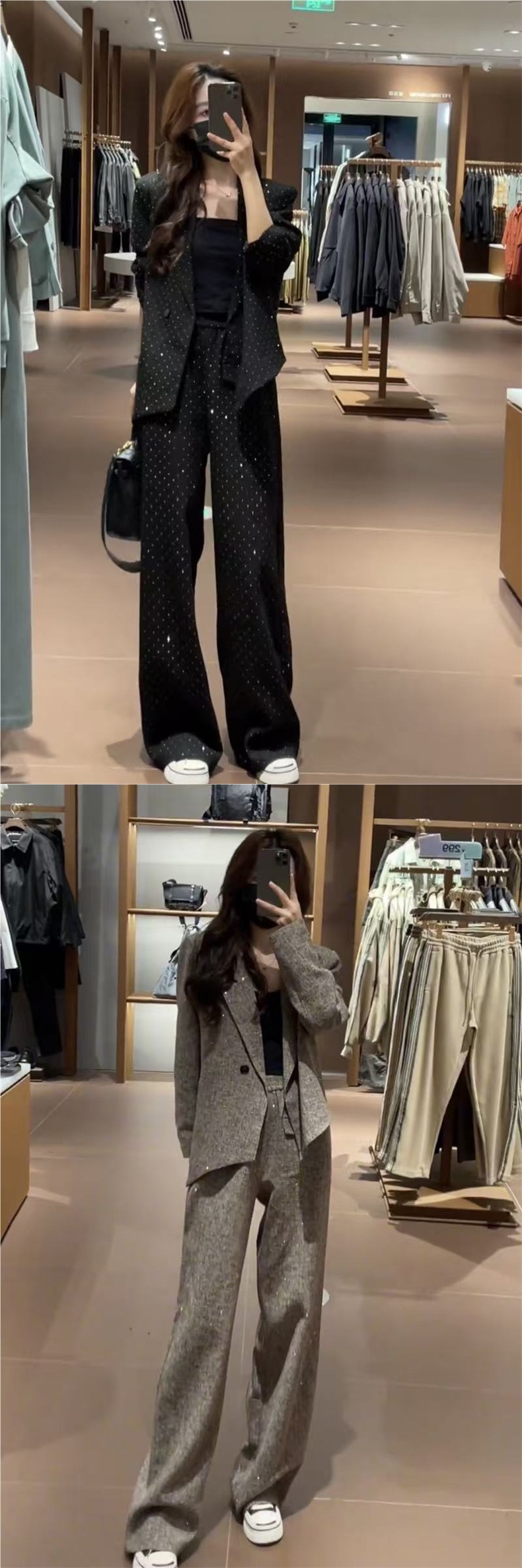 GraceChic Autumn New Style Irregular Shiny Blazer Jacket For Women With High Waist Wide Leg Pants Two-Piece Set_voghion.com