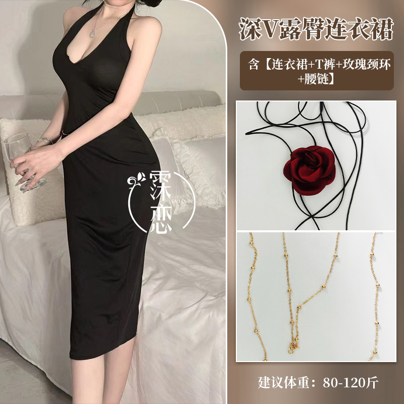 블랙 + 속옷 + 로즈 넥 링 + 허리 체인