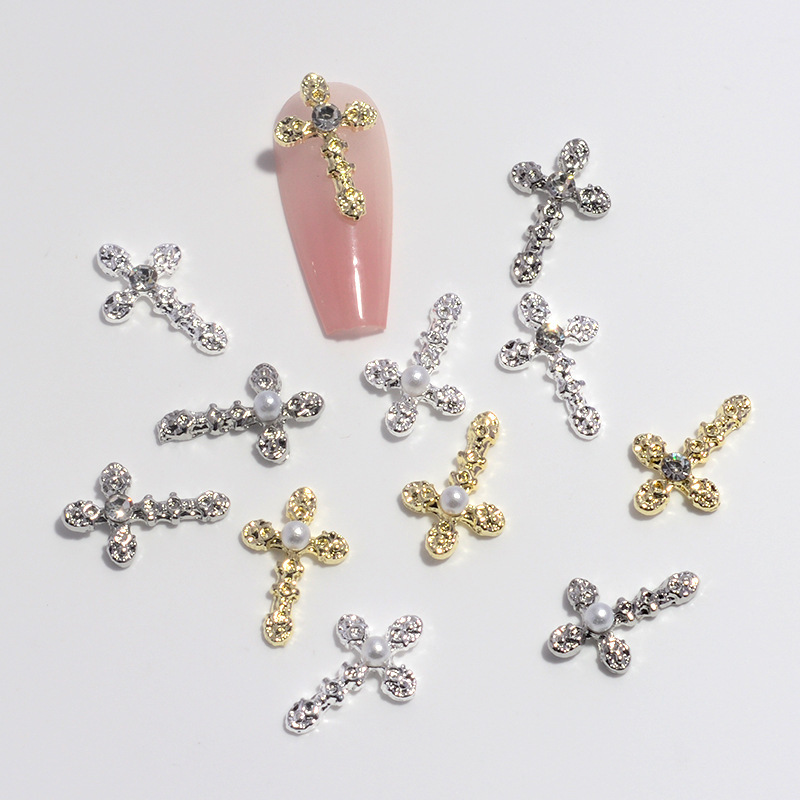 New Cross Alloy Nail Art Jewelry Alloy Flash Cross-Border Crow Heart Cross Pearl Diamond Nail Decoration