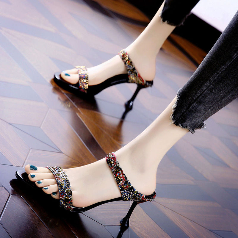Plus Size Slippers European and American High-Heeled Sandals Color Matching Slippers 2025 New Rhinestone Open-Toe Women's Shoes Stiletto Outer Wear