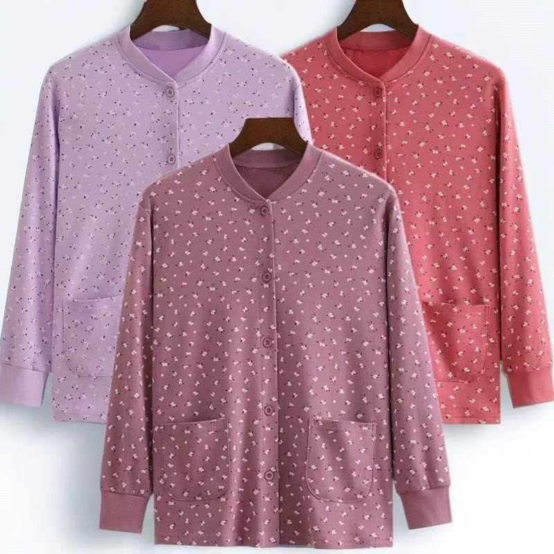 Pure Cotton Cardigan for Mothers, Autumn Top for Middle-Aged and Elderly Women, Front-Buttoned Full Cotton Underwear, Cotton Sweater for Autumn and Winter Warmth