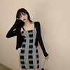 One line collar low cut buttock wrap dress with suspender + knitted long sleeve top cardigan