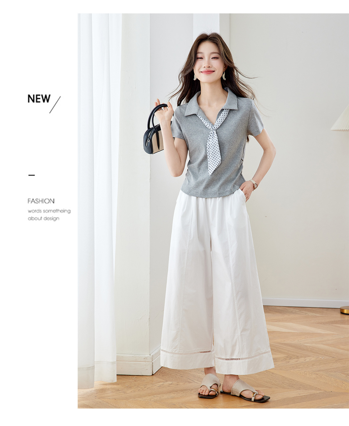 Bộ quần áo nữ gồm áo thun cổ tròn phối khăn lụa và quần ống suông rộng — Xám + quần trắng chi tiết 10