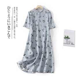 舒适休闲文艺复古2023夏季新款中国风棉麻连衣裙女式翻领印花裙子