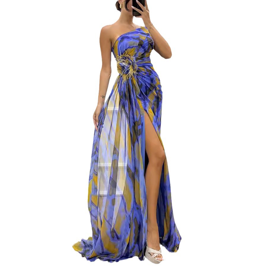 Women's Clothing chiffon printed slit dress casual party long women's dress_voghion.com