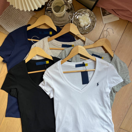 Original ExporT Can Scan The Qr Code 100 CoTTon Embroidered Pony Logo V Neck T-shirT ComforTable Thin BreaThable Simple Top for Women