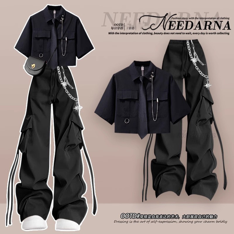 High-End Black Shirt 2025 Summer Popular Two-Piece Suit, Cool and Sassy Outfit for Students, Cargo Pants for Women