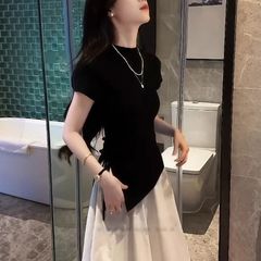 棉废土风洋气短袖甜辣爆款通勤夏季百搭新款茶系侧开黑色上衣女