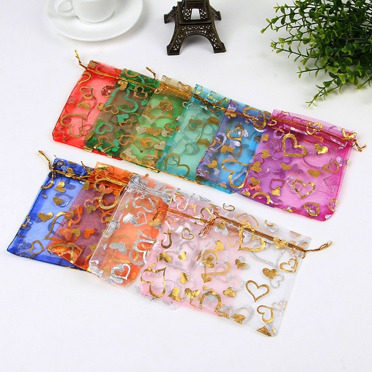 现货批发烫金桃心纱袋戒指耳环饰品束口袋小饰品糖果抽绳礼品袋子