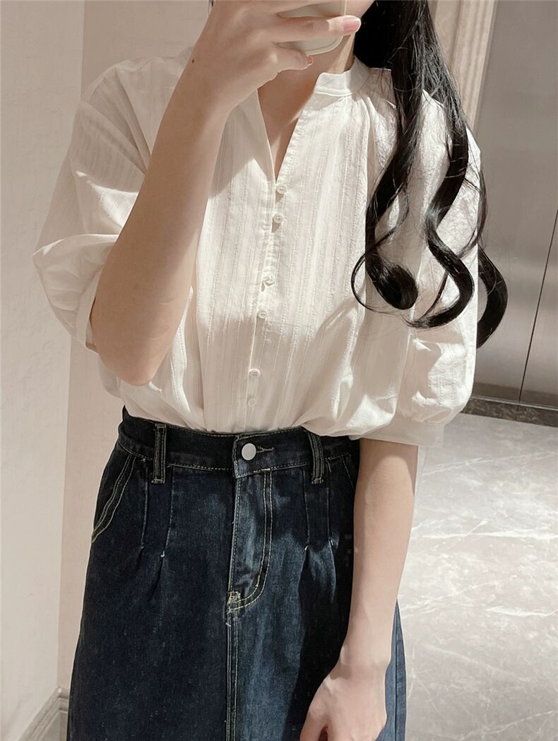 Áo sơ mi nữ tay bồng chất liệu cotton pha lanh kiểu Pháp — màu trắng