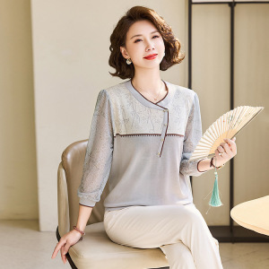 媽媽春裝紗袖T恤洋氣小衫中老年女夏季薄款圓領(lǐng)針織衫上衣圖片