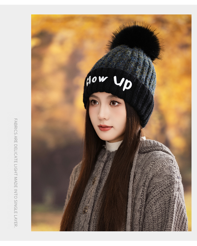 Gorro de lana de punto con bordado de letras inglesas, versátil, bonito y cálido, ideal para otoño e invierno. Con pompón. Estilo coreano._voghion.com