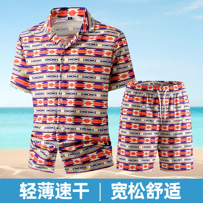 Summer New Men's Printed Casual Fashion Trendy Versatile Shirt, Short Sleeve, and Shorts Two-Piece Set (Cross-Border Asia)