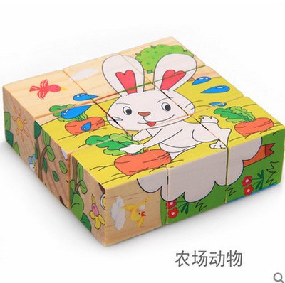 Juguetes de la inteligencia de la educación temprana de los niños pintura de madera de seis lados rompecabezas tridimensional bebé rompecabezas bloques de construcción bebé de madera