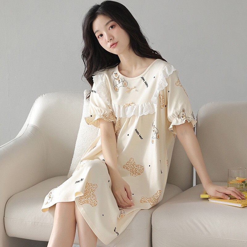 Summer Nightgown, Summer Women's Pure Cotton Pajamas, Girls' Summer 2024 New Style Princess Style Short-Sleeved Cute Dress