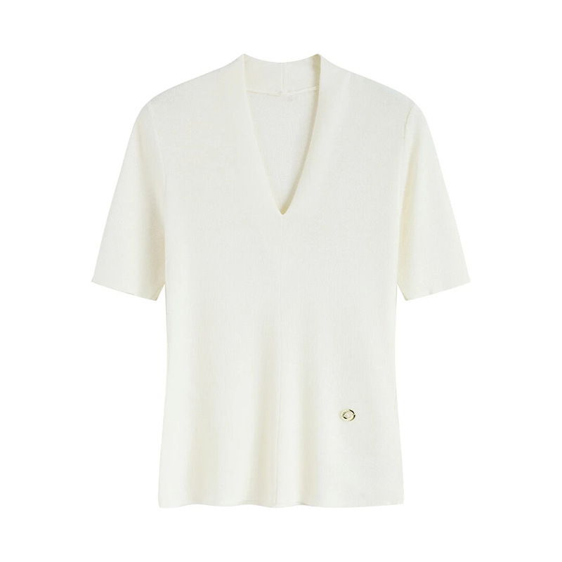 2026 Summer New Style V-Neck Short-Sleeved Pure Color Knitwear for Women, High-End, Elegant, Work Clothing, Slim Fit, Versatile Top