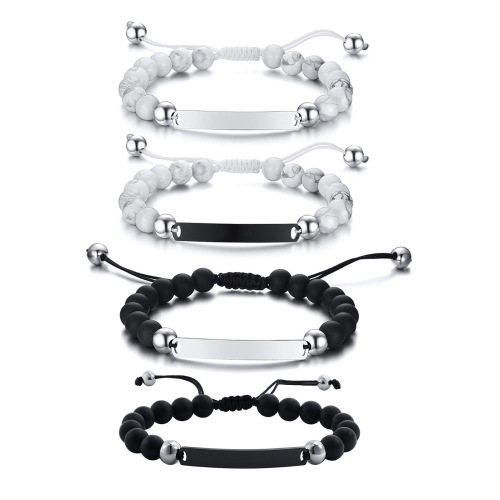 Engravable stainless steel curved plate matte black agate beaded nylon rope braided hand rope for men adjustable BR-610