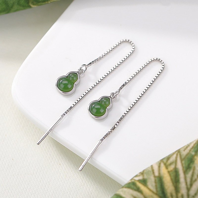 Khuyên tai dài bạc S925 mạ vàng đá Jasper hình bầu Fulu phong cách Trung Hoa — Mẫu bạc