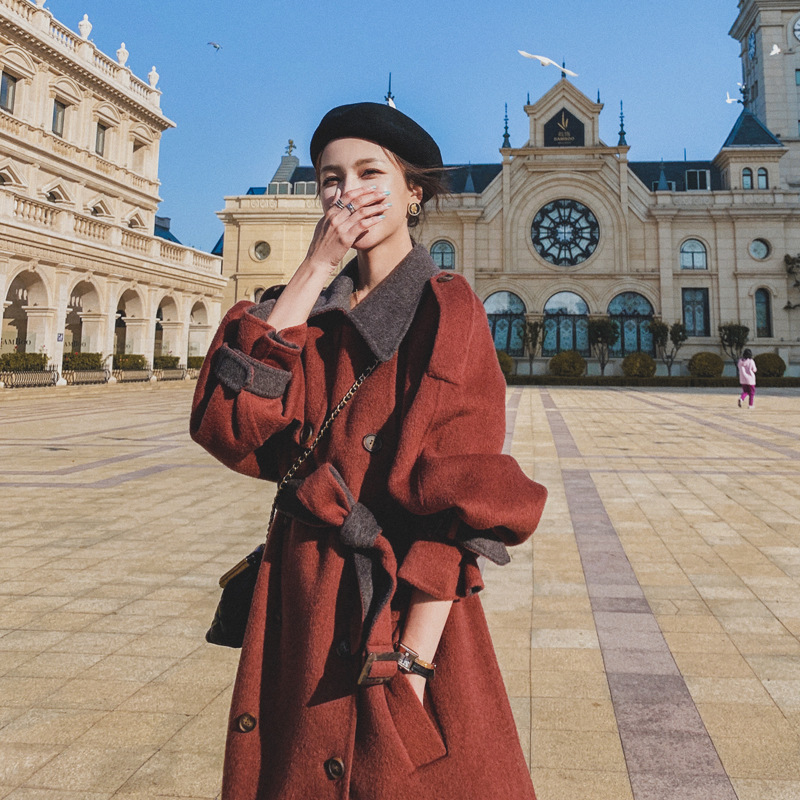 Brick Red Long Woolen Coat for Women's 2023 Winter Hot Selling New Thickened Korean High-end Feeling Hepburn Style Woolen Coat_voghion.com