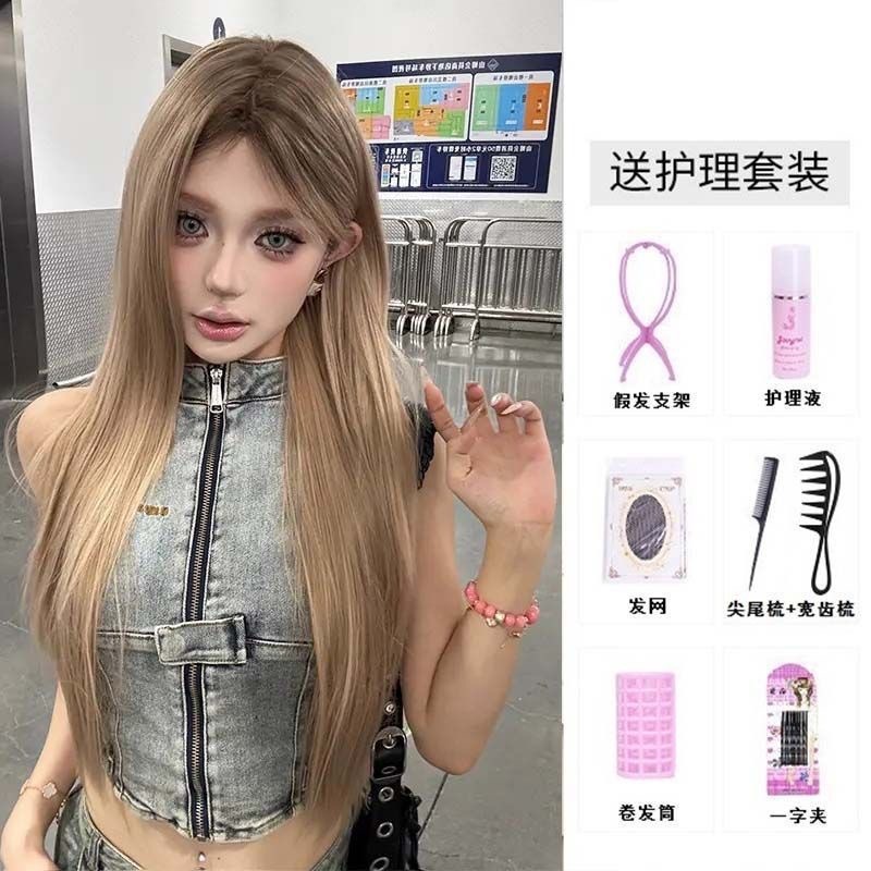 【单宁牛仔】发根染色中分高层次长直发美式辣妹仿真发丝假发套|undefined