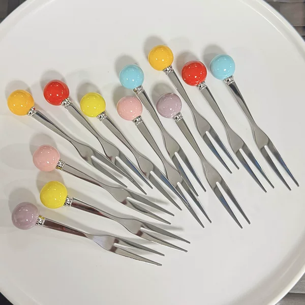 Cute Ball Stainless Steel Fruit Fork High Color Value Two Tooth Fruit Fork Dishpoint Fork Dopamine Stainless Steel Dessert Fork