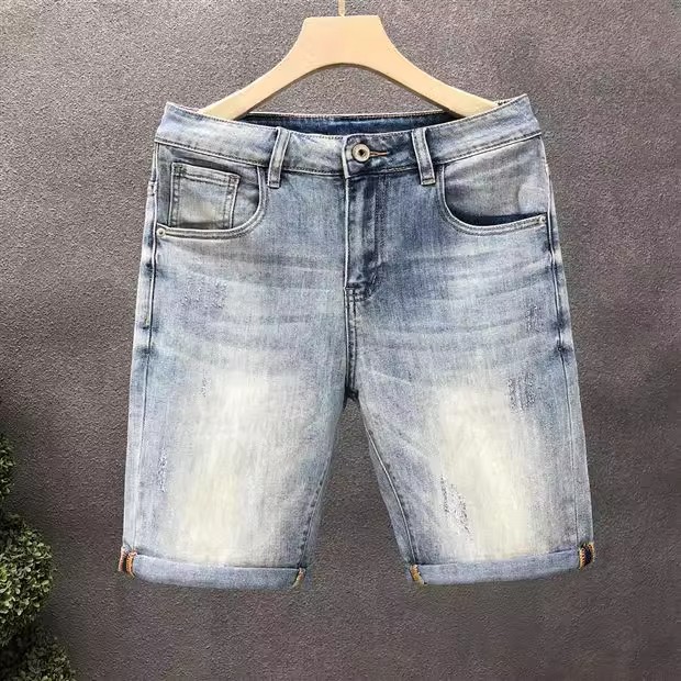 Light Blue Men's Distressed Denim Shorts High Waist Stylish Straight Leg Mid-Length Five Pocket Summer Trendy Clothing_mkmklike.com