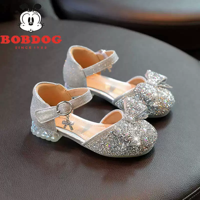 Genuine leather girls' princess shoes, children's high heels, summer leather shoes, crystal shoes with dress rhinestones, performance shoes for little girls