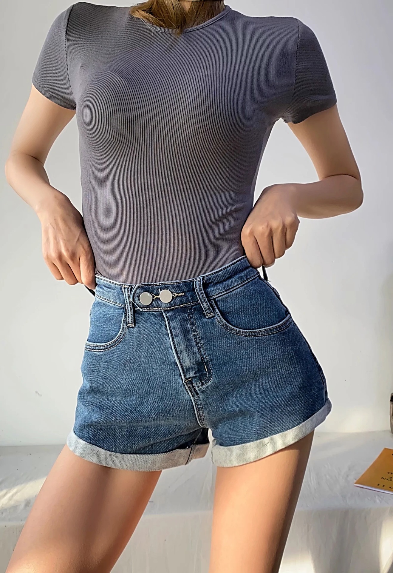 high waist loose curled denim shorts NSAC36830