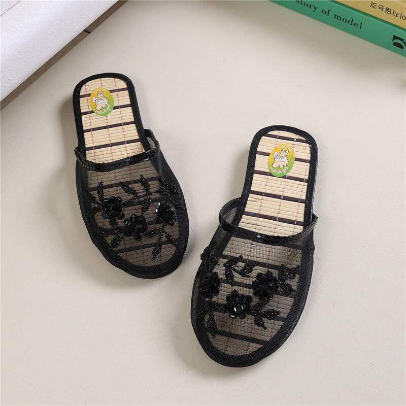 Free Shipping Handmade Beaded Home Sandals for Women Summer Indoor Mesh Wooden Floor Spring and Autumn Slippers Flat Heel
