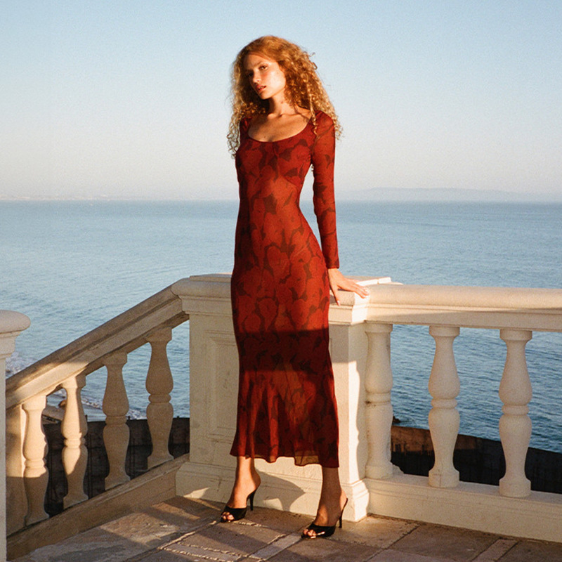 Spot 863 Opaque Version 16mm Silk Dress Spring and Summer 2025 Red Flower Round Neck Pullover Long Sleeve Sun Protection