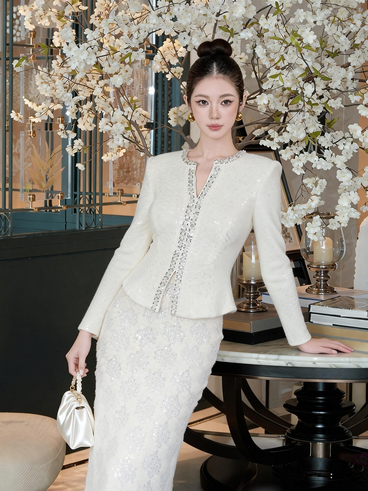 Đầm ôm body nữ sequin đính đá cổ chữ V tay ngắn — Màu trắng sữa