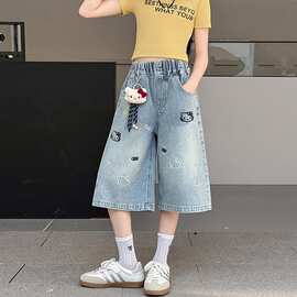 女童中大童卡通刺绣牛仔短裤2026夏季新款儿童洋气宽松直筒五分裤