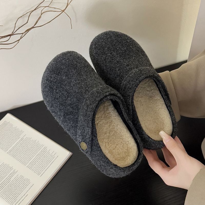 Plush Comfortable Two-Wear Lazy Toe-Toe Slippers Retro Felt Boken Half Slippers for Women 2025 Winter New Thick Sole Heightening