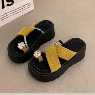 Rhinestone Set Toe Thick Slippers Women's Summer Outwear 2025 New Style Increased All-match Dress Women's Trendy Sandals