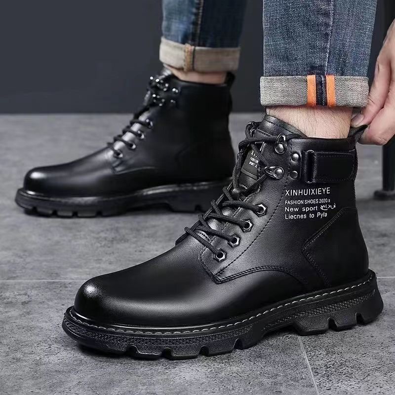 Boots Men's Spring, Autumn and Winter Korean Style High-Top Boots Black Trendyy Motorcycle Leather Boots Thick-Soled Non-Slip Work Boots