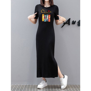 Chinese Style 2025 Summer Large Size Printed Over-The-Knee Dress Slim Fit Casual Slit T-Shirt Dress Long Skirt for Women