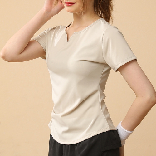 2024 New V-Neck Short Sleeve T-Shirt for Women, Summer Regular Shoulder Fit Slimming Sports Yoga Top, Fitness Quick-Dry Upshirt