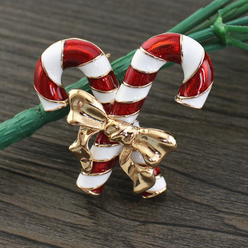  New Handmade Oil-Drip Christmas Cane Brooch Gold Bow Enamel Corsage Christmas Gift