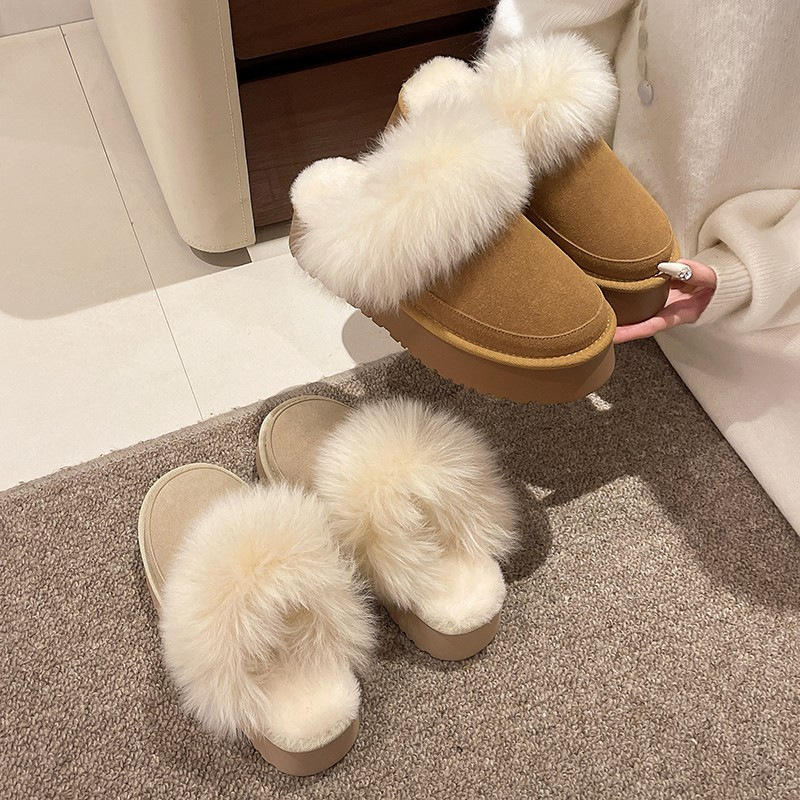 Furry Shoes, Slippers, Birkenstock Shoes, Women's Outer Wear 2025 New Winter Snow Shoes, Thick Soles and Velvet, Warm Toe-Cap Cotton Shoes