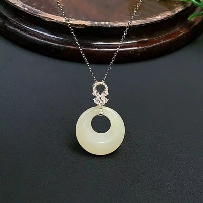 S925 natural Nephrite  Four-leaf flower Ping An buckle Necklace Chinese style MAK Pendant Jade Pendant clavicle sweater chain