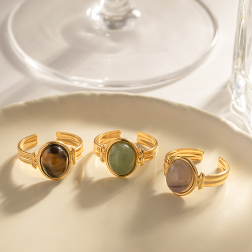 Elegant European and American Instagram-style ring: Oval semi-precious stone open-ring, cross-border fashion design—versatile for women, made from durable titanium steel that won’t fade.