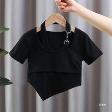 女童T恤夏季2024新款韩版儿童潮酷短款不规则时髦中大童短袖t上衣